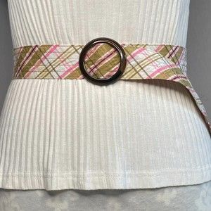 Womens Fabric Belt Size 8 Brown White Pink Plaid Prongless Buckle